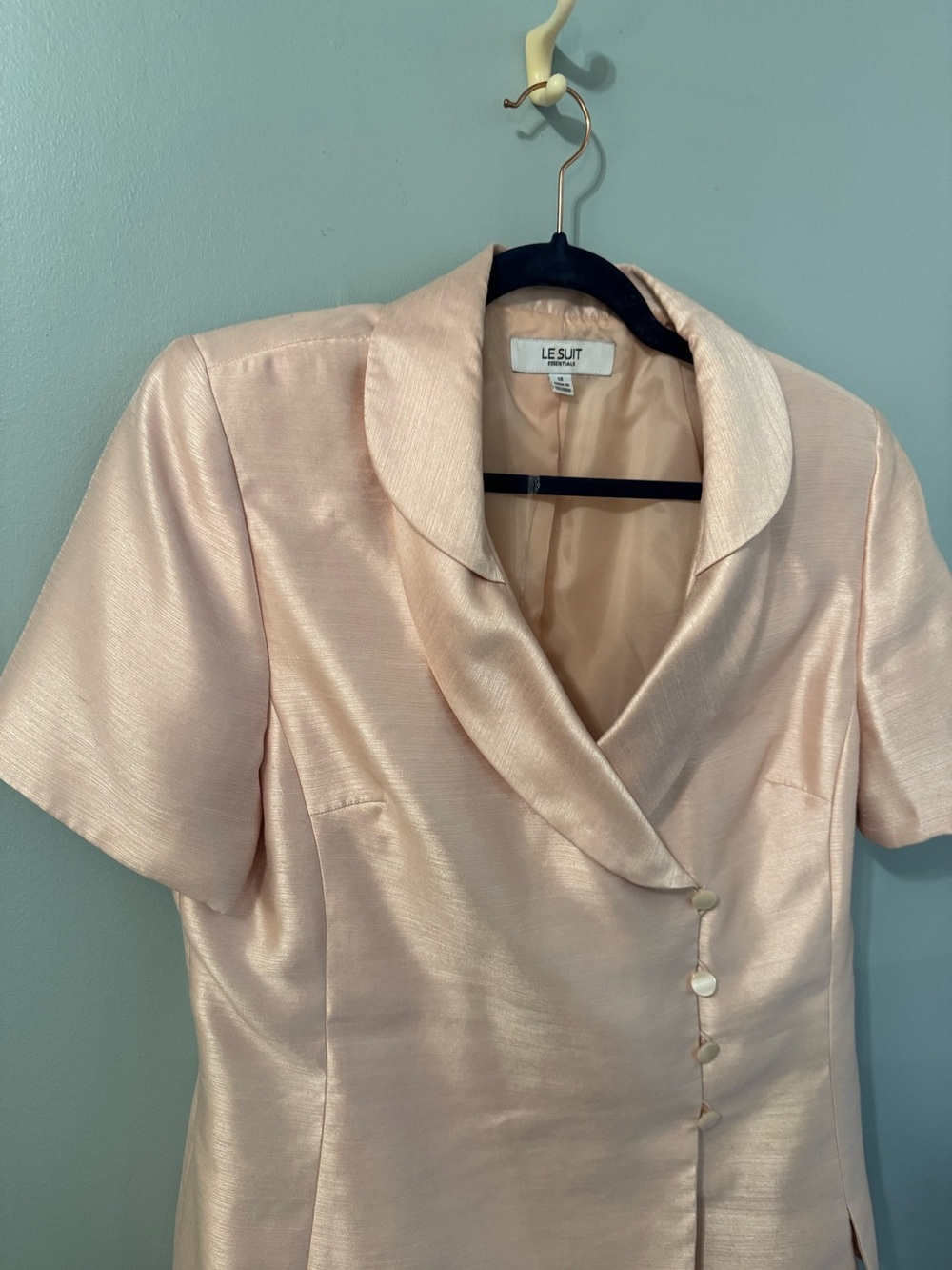 Le Suit Blush Pink Satin Two-Piece Skirt Suit Sz. 14 Career Mother-of-the-Bride - Picture 3 of 16